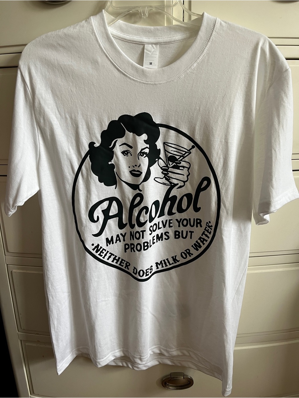 White Short Sleeve Tee with Black Retro Alcohol Graphic